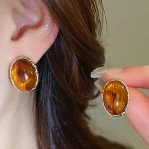 NEW amber resin oval bezel cabochon stud earrings gold plated